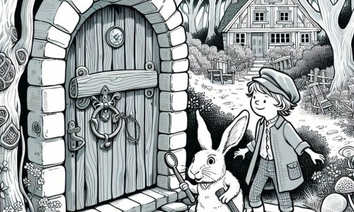 Une illustration destinée aux enfants représentant un garçon curieux découvrant une porte en bois étrange dans une forêt enchantée, accompagné d'un lapin en costume, dans le village magique de Farfelu.