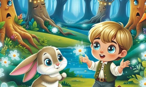 Une illustration destinée aux enfants représentant un petit garçon aux yeux pétillants découvrant ses pouvoirs magiques, accompagné d'un lapin triste cherchant sa carotte magique, dans une forêt enchantée aux arbres qui parlent et aux fleurs lumineuses.