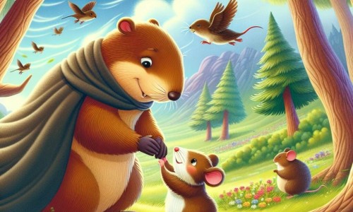 Une illustration destinée aux enfants représentant une marmotte sage et organisée, aidant une petite souris curieuse, dans une clairière enchantée de la forêt, où les arbres dansent au rythme du vent et les fleurs éclatent de couleurs chatoyantes.