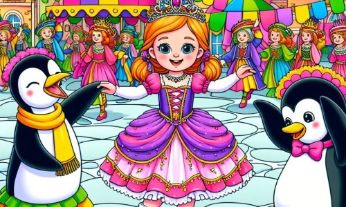 Une illustration destinée aux enfants représentant une petite fille déguisée en princesse, qui danse avec des pingouins dans un village coloré lors d'un carnaval animé.