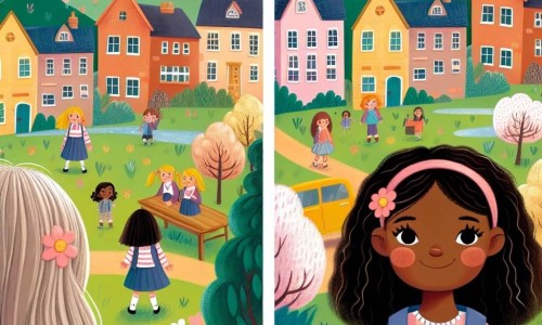 Une illustration destinée aux enfants représentant une fillette vivant une situation de préjugés et de discrimination raciale à l'école, avec une nouvelle élève de teint foncé comme personnage secondaire, dans une petite ville paisible aux maisons colorées et aux arbres en fleurs.