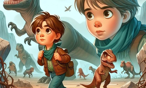 Une illustration destinée aux enfants représentant un jeune garçon curieux, transporté dans le passé au temps des dinosaures, accompagné d'un petit dinosaure miniature, dans un paysage grandiose et effrayant rempli de créatures gigantesques et inconnues.