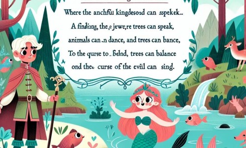 Une illustration destinée aux enfants représentant un jeune prince courageux, accompagné d'une belle sirène aux cheveux couleur corail, explorant un royaume enchanté où les animaux parlent, les arbres dansent et les rivières chantent, dans le but de trouver les joyaux de l'équilibre et briser le sortilège du méchant sorcier.