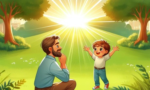 Une illustration destinée aux enfants représentant un petit garçon créatif et plein de surprises, un papa ému et reconnaissant, dans un parc verdoyant baigné par la lumière douce du matin.
