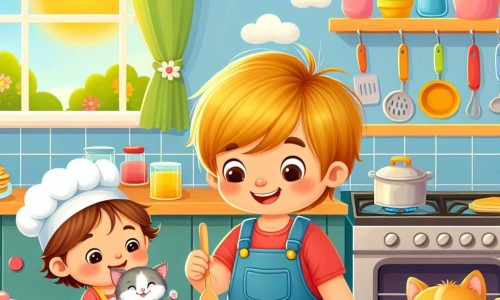 Une illustration destinée aux enfants représentant un jeune garçon préparant un petit déjeuner surprise pour sa maman avec l'aide de son fidèle chaton espiègle, dans une cuisine lumineuse et chaleureuse remplie d'ustensiles colorés et de délicieuses odeurs de pancakes.