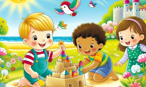 Une illustration destinée aux enfants représentant un petit garçon joyeux découvrant le printemps, accompagné de ses amis, un garçon et une petite fille, construisant un château de sable dans un jardin ensoleillé rempli de fleurs colorées et d'oiseaux chantants.