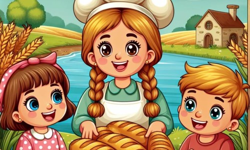 Une illustration destinée aux enfants représentant une gentille dame boulangère, entourée de deux enfants curieux, un garçon et une fille, dans sa charmante boulangerie au bord de la rivière, où les pains dorés semblent presque magiques.