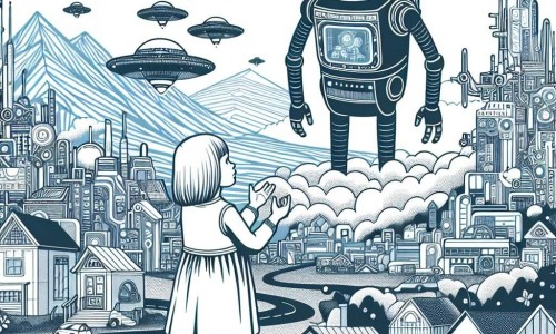 Une illustration destinée aux enfants représentant une petite fille curieuse vivant dans une ville futuriste, qui rencontre un robot mystérieux venu d'une autre planète, dans la Cité des Nuages, une ville située au sommet d'une montagne où les voitures volent dans les airs et les maisons sont en verre transparent.