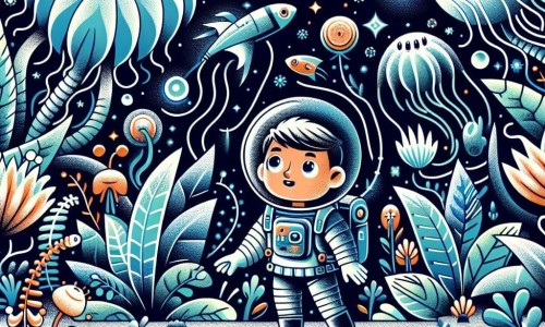 Une illustration destinée aux enfants représentant un astronaute courageux, un garçon, explorant une jungle extraterrestre peuplée de plantes lumineuses et de créatures étranges, dans un lointain futuriste.