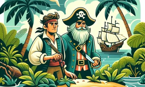 Une illustration destinée aux enfants représentant un courageux capitaine pirate, au milieu d'une île luxuriante et mystérieuse, accompagné de son fidèle matelot garçon, naviguant à la recherche du trésor perdu.