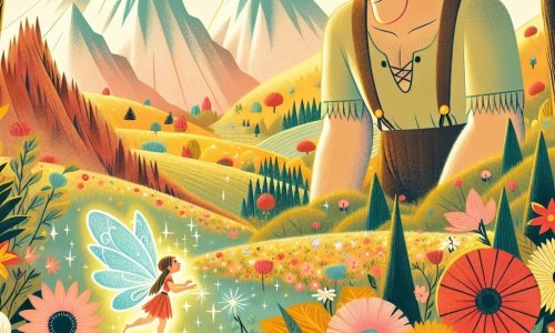 Une illustration destinée aux enfants représentant un géant timide découvrant un monde enchanté en compagnie d'une petite fée étincelante, dans une vallée aux fleurs multicolores et aux arbres aux feuilles d'or.