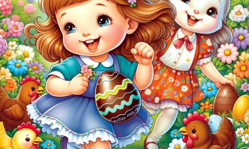 Une illustration destinée aux enfants représentant une petite fille joyeuse partant à la chasse aux œufs de Pâques dans un jardin fleuri, accompagnée de sa maman, entourée de lapins en chocolat et de poules colorées.