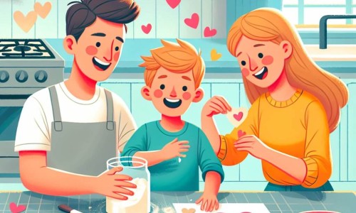 Une illustration destinée aux enfants représentant un petit garçon plein d'enthousiasme préparant une surprise pour son papa adoré, avec l'aide de sa maman, dans une cuisine colorée remplie de farine et de cœurs en papier découpés.