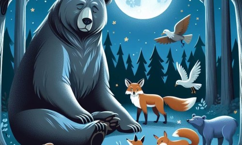 Une illustration destinée aux enfants représentant une ourse majestueuse, une situation de solidarité entre animaux de la forêt, un renard soucieux, dans une clairière enchantée baignée par la lumière de la lune.