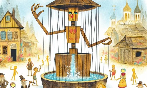 Une illustration destinée aux enfants représentant une marionnette en bois, animée par la magie d'une fontaine mystérieuse, qui se retrouve au cœur d'un village abandonné et négligé, où elle affronte des politiciens corrompus pour redonner vie, couleur et espoir à cet endroit autrefois vibrant et joyeux.