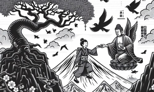 Une illustration destinée aux enfants représentant une femme au cœur généreux, affrontant une épreuve avec courage, accompagnée d'un Bodhisattva bienveillant, sous un majestueux cerisier en fleurs au sommet d'une montagne japonaise, entourée d'une nuée d'oiseaux noirs menaçants.