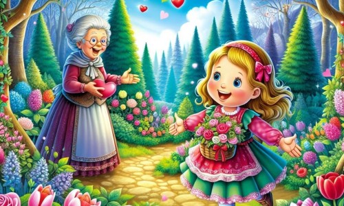 Une illustration destinée aux enfants représentant une petite fille épanouie, vivant une aventure pleine de surprises pour la Saint-Valentin, accompagnée de sa grand-mère complice, dans un jardin enchanté aux roses colorées, tulipes éclatantes et arbres majestueux.