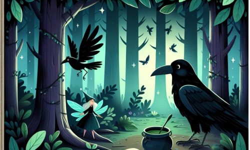 Une illustration destinée aux enfants représentant un corbeau au plumage noir comme l'ébène, résolvant un mystère avec l'aide d'une fée enchantée, dans une sombre forêt enchantée où la lumière filtre à travers les feuilles émeraude.