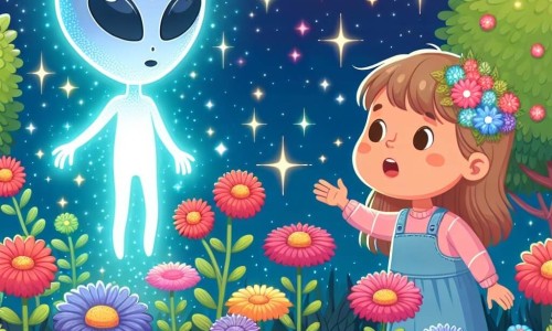 Une illustration destinée aux enfants représentant une petite fille émerveillée par la visite d'un extraterrestre brillant, dans un jardin parsemé de fleurs multicolores et sous un ciel étoilé scintillant.