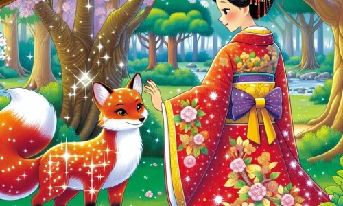 Une illustration destinée aux enfants représentant une femme élégante au kimono coloré, rencontrant un renard rouge étincelant, dans une forêt japonaise luxuriante aux arbres centenaires et aux cerisiers en fleurs.