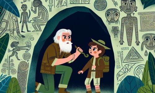 Une illustration destinée aux enfants représentant un archéologue barbu et passionné, accompagné d'un jeune apprenti, explorant une grotte mystérieuse aux parois ornées de dessins énigmatiques, dans une jungle dense et luxuriante.