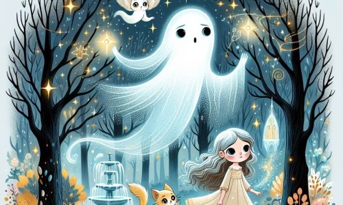 Une illustration destinée aux enfants représentant un fantôme éthéré perdu dans les bois mystérieux, accompagné d'une petite fille curieuse et de son chaton espiègle, évoluant dans une clairière enchantée aux fleurs chatoyantes et à la fontaine scintillante.