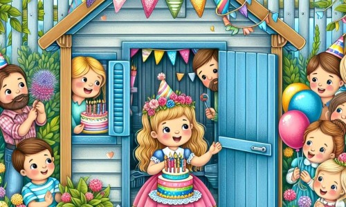 Une illustration destinée aux enfants représentant une petite fille espiègle célébrant son anniversaire entourée de sa famille dans une cabane de jardin aux volets bleus, avec des ballons colorés et une guirlande de fanions multicolores, capturant ainsi un moment de bonheur et de magie.