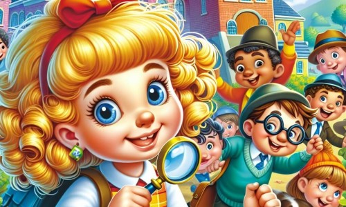 Une illustration destinée aux enfants représentant une petite fille espiègle aux boucles d'or en train de résoudre un mystère rigolo avec ses amis, dont un garçon turbulent aux grands yeux bleus, dans une cour d'école colorée et animée de Joyeuxbourg.