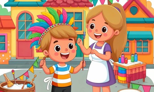 Une illustration destinée aux enfants représentant un jeune garçon joyeux et plein d'énergie, vivant dans un village coloré, se préparant pour le carnaval avec l'aide de sa maman.
