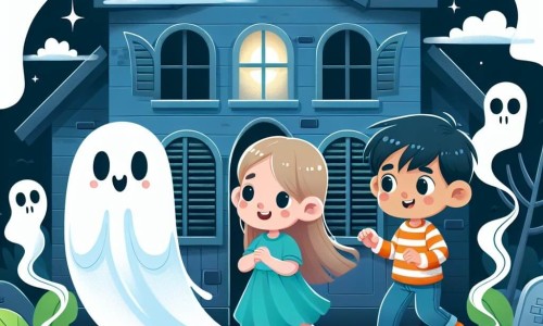Une illustration destinée aux enfants représentant un fantôme bienveillant, une fille et un garçon, explorant une maison hantée aux fenêtres sombres, aux volets grinçants et à la brume mystérieuse flottant autour d'elle.