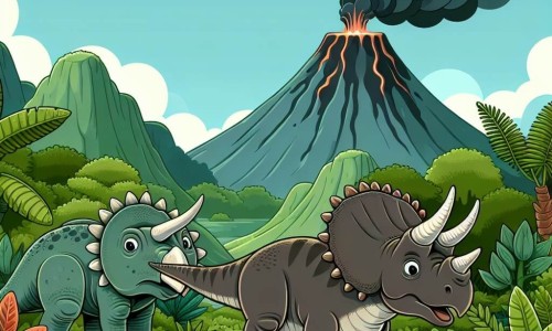 Une illustration destinée aux enfants représentant un jeune Tyrannosaure Rex curieux, accompagné d'une Tricératops femelle avec de grandes cornes, explorant une vallée luxuriante remplie de plantes préhistoriques et d'un volcan en éruption crachant de la fumée noire.