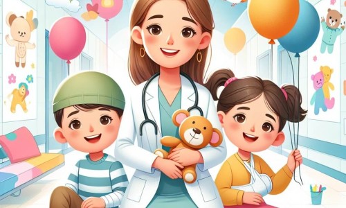 Une illustration destinée aux enfants représentant une jeune femme médecin, entourée d'un garçon avec un plâtre et d'une fille avec une peluche, dans une aile lumineuse et colorée de l'hôpital remplie de dessins d'animaux et de ballons.