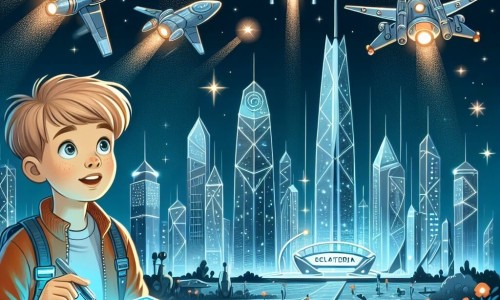 Une illustration destinée aux enfants représentant un jeune garçon émerveillé par les vaisseaux volants dans une ville futuriste scintillante, accompagné d'une machine de découverte nommée Cristal, dans le parc technologique d'Éclatéria, où les gratte-ciel illuminés brillent comme des étoiles.