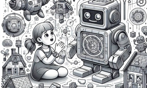 Une illustration destinée aux enfants représentant une petite fille émerveillée par une montre étrange qui l'emmène dans un monde futuriste rempli de robots, se liant d'amitié avec un robot en forme de cube, dans un village douillet aux bâtiments futuristes, avec des voitures volantes et des symboles lumineux mystérieux.