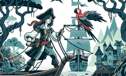 Une illustration destinée aux enfants représentant une courageuse pirate (femme) naviguant sur un navire à la recherche d'un trésor légendaire, accompagnée de son fidèle perroquet (garçon), sur une île mystérieuse aux arbres tordus et à la brume étrange.