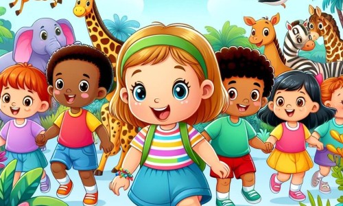 Une illustration destinée aux enfants représentant une petite fille curieuse et pleine d'énergie, accompagnée de ses amis, découvrant un zoo coloré et animé rempli d'animaux exotiques et merveilleux.