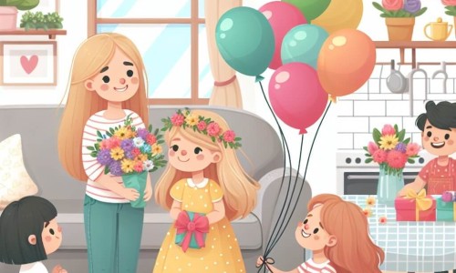 Une illustration destinée aux enfants représentant une fillette préparant une surprise pour sa maman avec l'aide de ses amis, dans un salon décoré de guirlandes de fleurs et de ballons colorés pour la fête des mères.