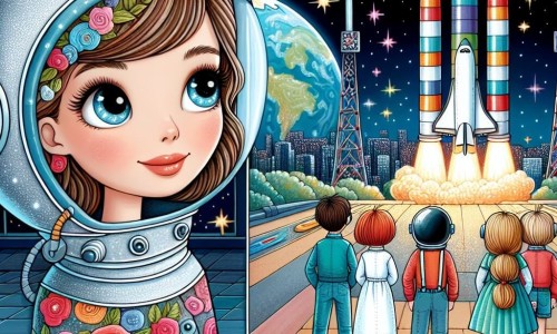 Une illustration destinée aux enfants représentant une jeune femme aux yeux brillants d'étoiles, rêvant de devenir astronaute, accompagnée de ses amis astronautes en herbe, sur le pas de lancement d'une fusée multicolore, prête à s'envoler vers l'espace infini, avec en arrière-plan un ciel étoilé scintillant et une Terre majestueuse vue de l'espace, dans le centre spatial de Lumièreville.