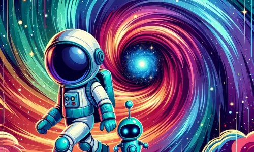 Une illustration destinée aux enfants représentant un audacieux astronaute, entouré d'un robot compagnon, explorant un vortex coloré dans l'espace infini, avec des nébuleuses chatoyantes et des étoiles filantes scintillantes en toile de fond, créant une ambiance mystérieuse et captivante.