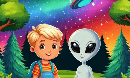 Une illustration destinée aux enfants représentant un jeune garçon curieux, un extraterrestre amical, une forêt luxuriante avec des arbres majestueux et un ciel étoilé rempli de couleurs vives.