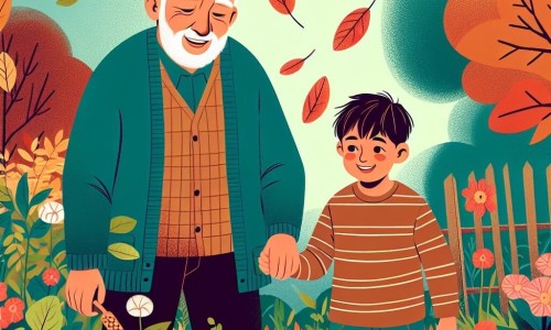 Une illustration destinée aux enfants représentant un jeune garçon passionné par l'automne, accompagné de son grand-père bienveillant, dans un jardin coloré où les feuilles tombent doucement des arbres et les légumes mûrs attendent d'être récoltés.