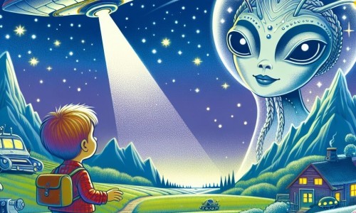 Une illustration destinée aux enfants représentant un garçon curieux observant un vaisseau spatial descendre vers une prairie éclairée par les étoiles, où une extraterrestre féminine aux antennes lumineuses fait son apparition.