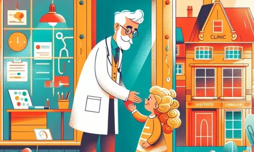 Une illustration destinée aux enfants représentant un homme bienveillant et attentionné, exerçant le métier de médecin, accueillant une petite fille aux boucles blondes dans sa clinique chaleureuse et colorée de la petite ville de Campagne-sur-Mer.