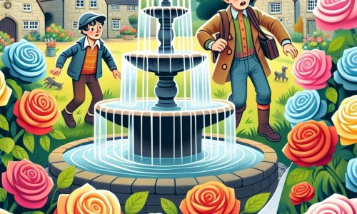 Une illustration destinée aux enfants représentant un garçon intrépide menant une enquête pour retrouver ses jouets disparus, accompagné de son ami Léo, autour de la fontaine du village de Soleilbourg, où les roses multicolores de Madame Rose illuminent le décor.