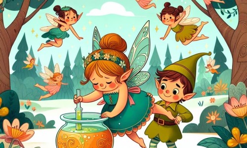 Une illustration destinée aux enfants représentant une fée maladroite tentant de concocter une potion magique, accompagnée d'un lutin farceur, dans la Forêt Enchantée aux arbres dansants et aux fleurs chantantes.