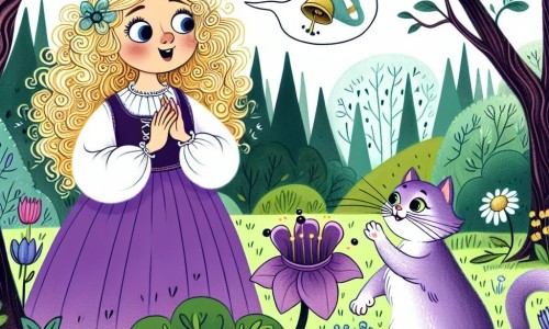Une illustration destinée aux enfants représentant une fillette aux boucles dorées émerveillée par un chat violet bavard, évoluant dans une forêt enchantée aux arbres qui parlent et aux fleurs chantantes du Monde Magique.