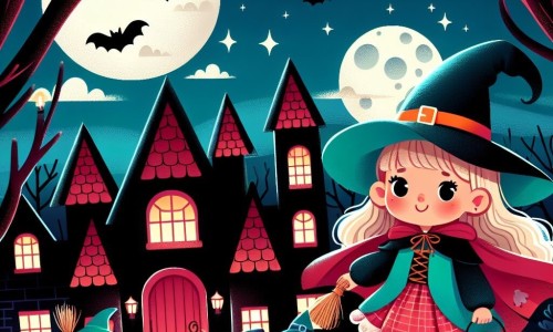Une illustration destinée aux enfants représentant une petite fille déguisée en sorcière, accompagnée de ses amis, explorant une maison hantée aux tuiles rouges, la nuit d'Halloween.