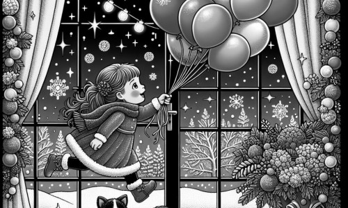 Une illustration destinée aux enfants représentant une fillette en robe rouge, poursuivant des ballons colorés s'envolant par la fenêtre ouverte, avec son chaton noir et blanc, dans un salon festif orné de guirlandes scintillantes et de bougies étincelantes.