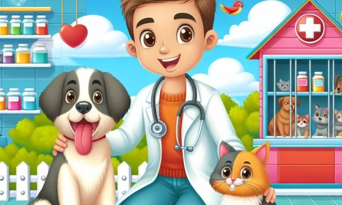 Une illustration destinée aux enfants représentant un jeune homme passionné par les animaux, se trouvant dans une clinique vétérinaire colorée et joyeuse, accompagné de son chien Max et de son chat Tito, tous deux animés d'une grande complicité.