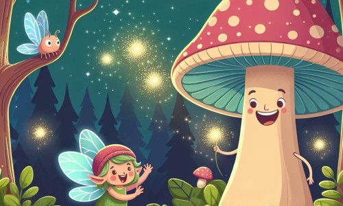 Une illustration destinée aux enfants représentant une fée espiègle rencontrant un champignon géant rigolo dans une forêt enchantée aux arbres aux feuilles scintillantes et aux lucioles lumineuses.